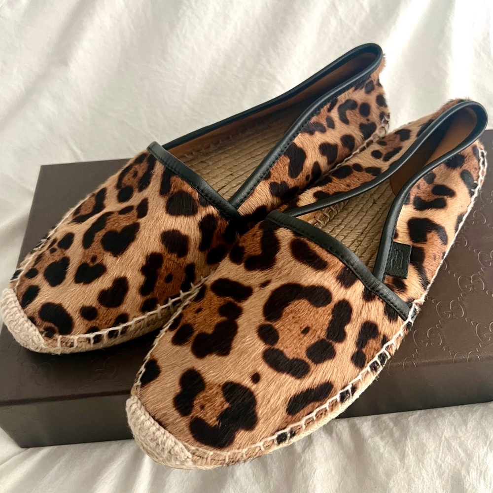 👑✅PRICE FIRM✅ AUTHENTIC Calf Hair GUCCI Leopard Espadrille Flats - Picture 10 of 16